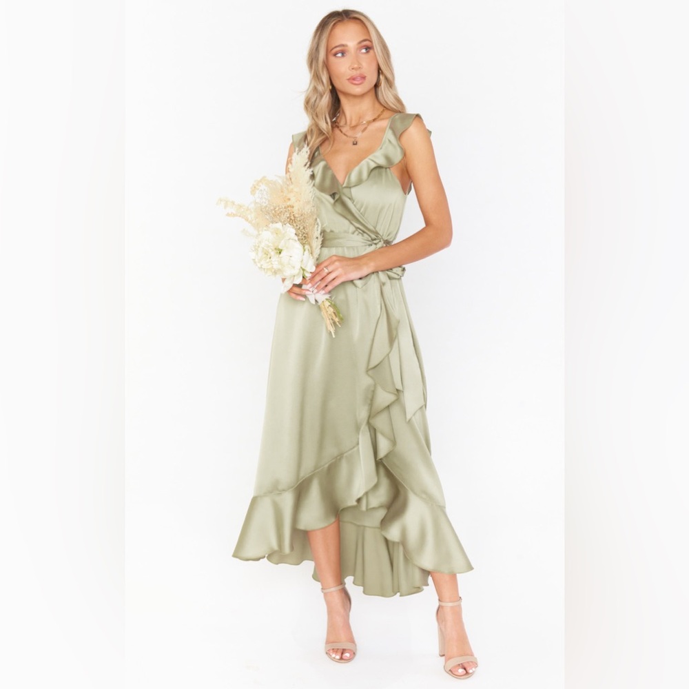 Show Me Your MuMu Sage Green High-Low Ruffle Wrap Dress